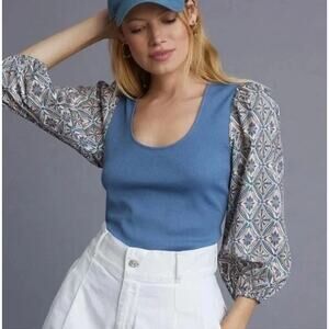 NWT Anthropologie Dolan Geometric Puff-Sleeve Blue Ribbed Top Size M